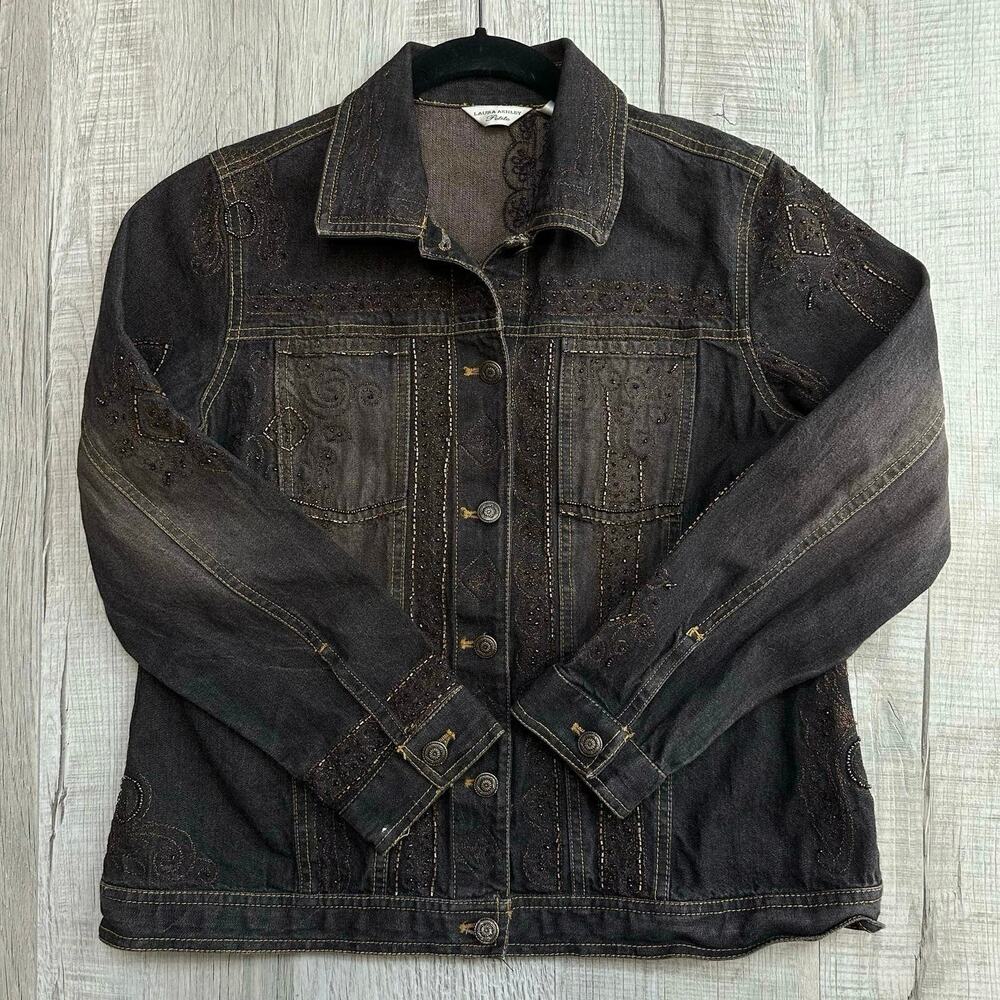 Ashley Button Up Petite Black Denim Jean Jacket WMNS PM Beaded Embroidery